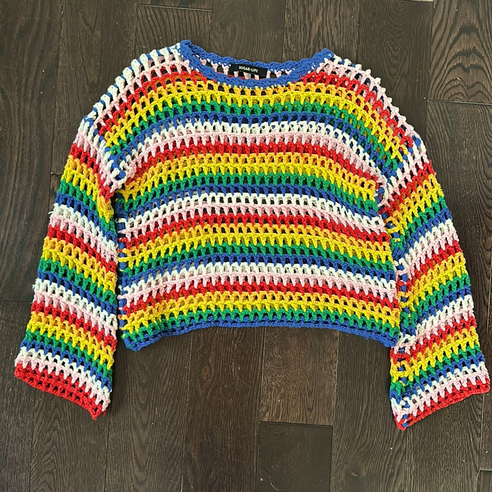 Crochet Knit Rainbow Long Sleeve Top with Bell Sleeves Multicolour • Small